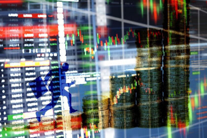 Stock market chart overlays on financial data screens, symbolizing Bitcoin and Nasdaq movement tied to forex trends.