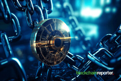 Digital brain surrounded by circuitry and blockchain elements, symbolizing AI-powered DeFi automation and security.