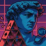 Stylized digital artwork of a cyberpunk figure with NFT symbols and financial chart arrows in the background, representing the collapse of the NFT market.