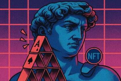 Stylized digital artwork of a cyberpunk figure with NFT symbols and financial chart arrows in the background, representing the collapse of the NFT market.