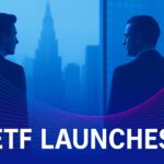 VanEck NODE ETF logo overlaid on blockchain infrastructure visuals and a calendar marked May 14, symbolizing its launch and offshore investment strategy.