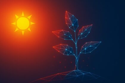 Illustration of real-world assets like property and gold transforming into digital tokens on a blockchain, representing asset tokenization in DeFi.