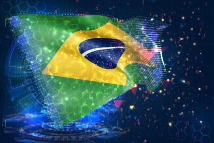 XRP logo next to Brazil’s flag and B3 stock exchange building, symbolizing the launch of the world’s first spot XRP ETF in Brazil.