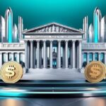 Caitlin Long speaking out with Federal Reserve imagery and large bank stablecoin icons in the background, representing concerns over regulatory favoritism.