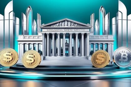 Caitlin Long speaking out with Federal Reserve imagery and large bank stablecoin icons in the background, representing concerns over regulatory favoritism.
