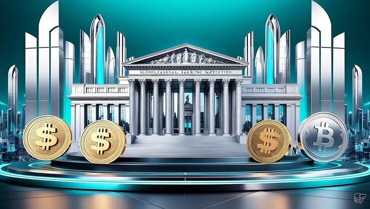 Caitlin Long speaking out with Federal Reserve imagery and large bank stablecoin icons in the background, representing concerns over regulatory favoritism.