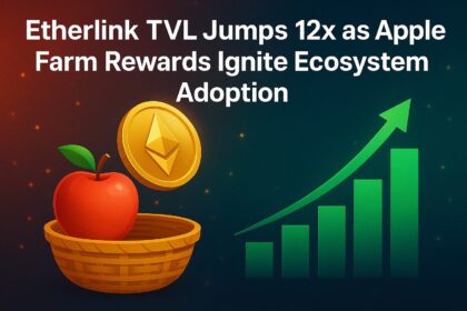 Etherlink dashboard showing a sharp 12x spike in total value locked (TVL), with apples symbolizing farming rewards driving DeFi ecosystem growth.