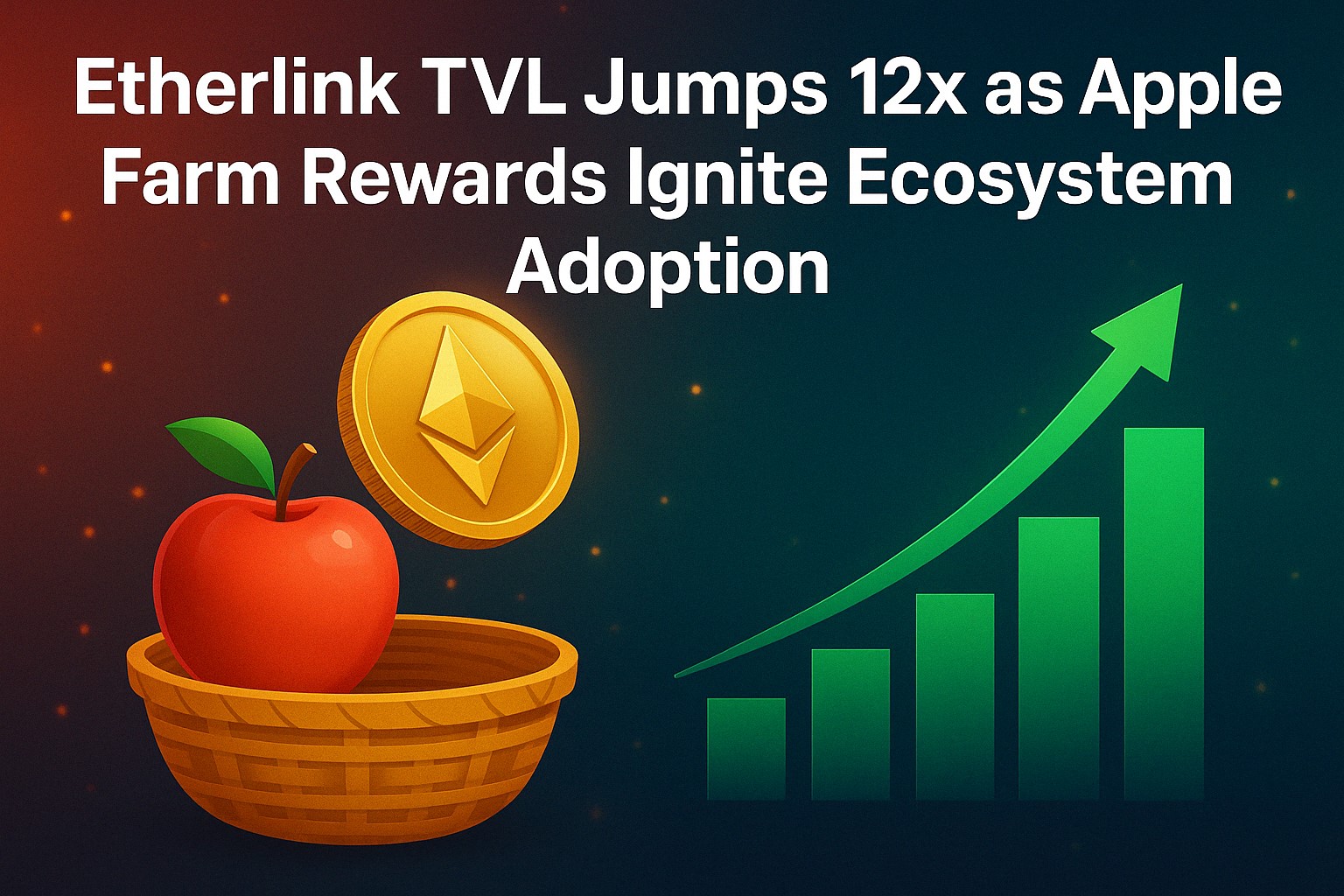 Etherlink dashboard showing a sharp 12x spike in total value locked (TVL), with apples symbolizing farming rewards driving DeFi ecosystem growth.