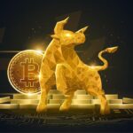 Nasdaq chart surging upward with Bitcoin logo targeting the $100K milestone, symbolizing strong equity gains and renewed crypto momentum.