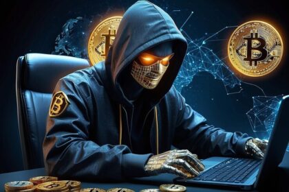 Hacker silhouette with North Korean flag overlay, impersonating U.S. company logos on a phishing email, symbolizing targeted attacks on crypto developers.