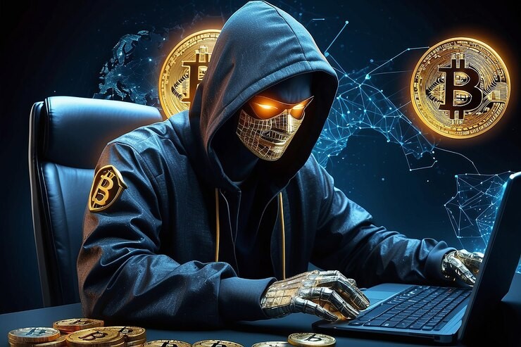 Hacker silhouette with North Korean flag overlay, impersonating U.S. company logos on a phishing email, symbolizing targeted attacks on crypto developers.
