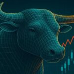 A bullish financial market illustration with a glowing digital bull, symbolizing economic optimism following Trump’s tariff delay.