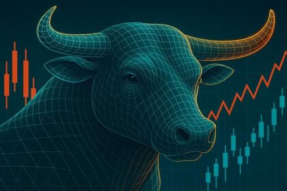 A bullish financial market illustration with a glowing digital bull, symbolizing economic optimism following Trump’s tariff delay.