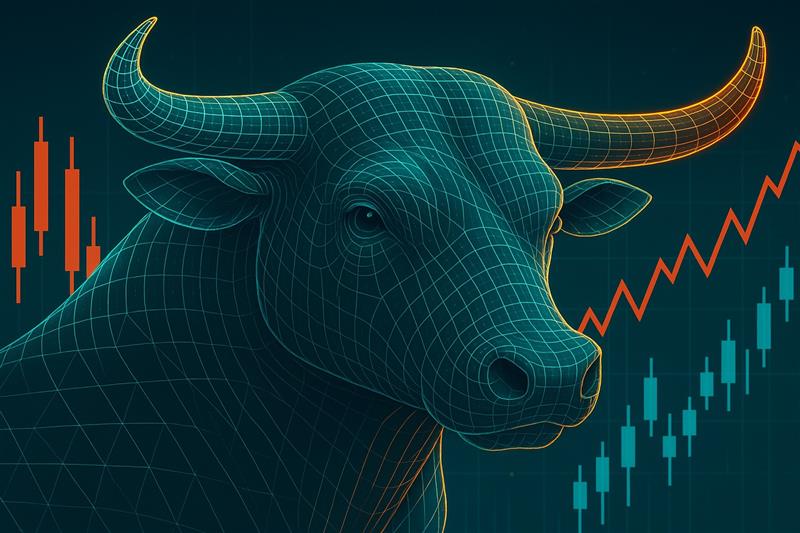 A bullish financial market illustration with a glowing digital bull, symbolizing economic optimism following Trump’s tariff delay.