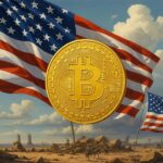 Golden Bitcoin coin in front of the American flag and Capitol dome, symbolizing U.S. economic policy impacts on crypto markets.