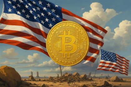 Golden Bitcoin coin in front of the American flag and Capitol dome, symbolizing U.S. economic policy impacts on crypto markets.