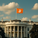 The White House with a bold orange Bitcoin flag waving above it, symbolizing the impact of political and economic decisions on the cryptocurrency market.