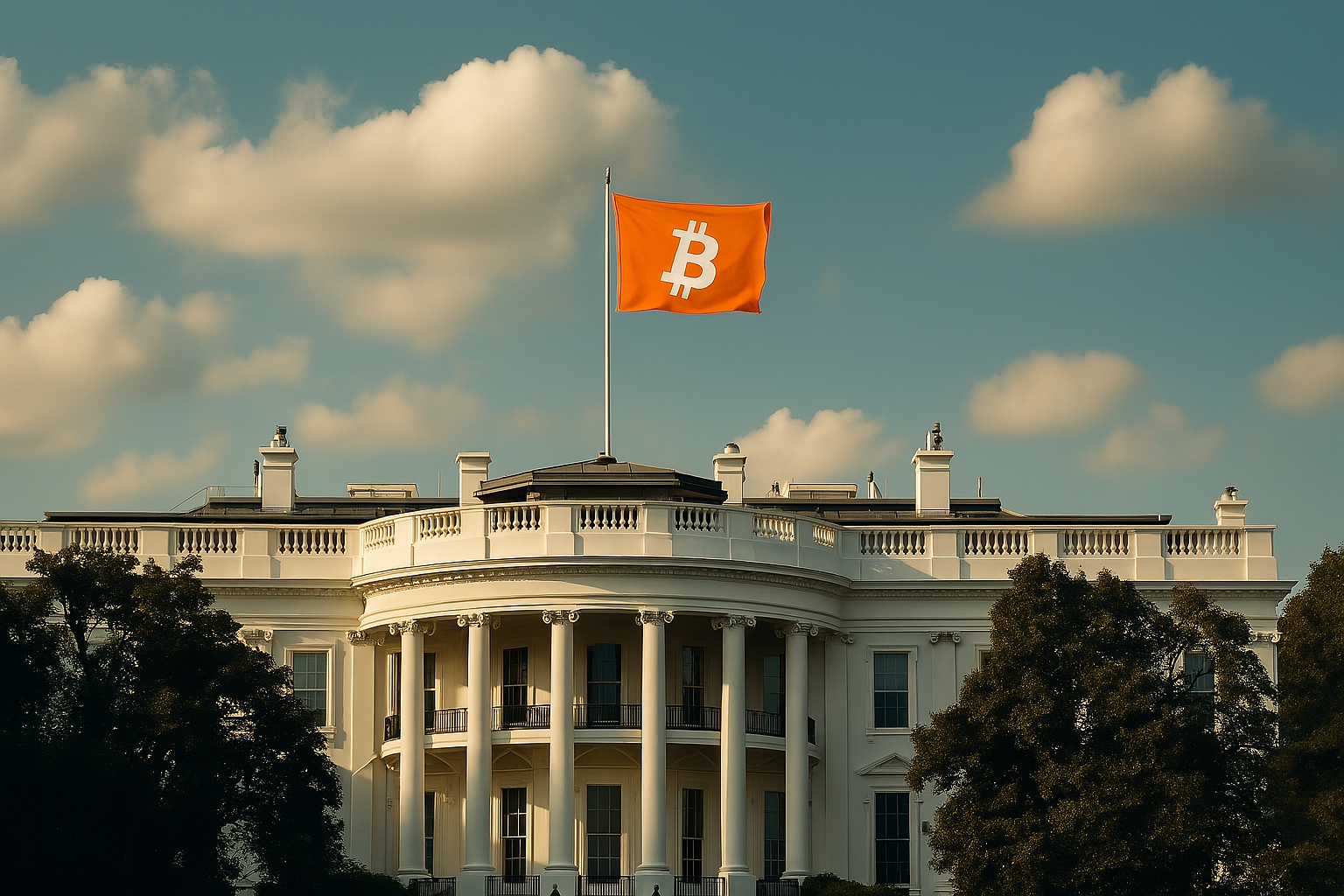 The White House with a bold orange Bitcoin flag waving above it, symbolizing the impact of political and economic decisions on the cryptocurrency market.
