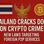 A bold graphic with Thailand's flag and Bitcoin symbol, highlighting a government crackdown on crypto crime and foreign P2P platforms.