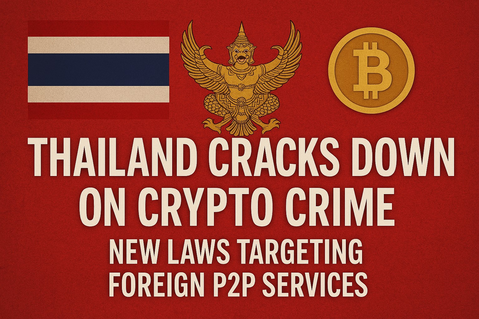 A bold graphic with Thailand's flag and Bitcoin symbol, highlighting a government crackdown on crypto crime and foreign P2P platforms.