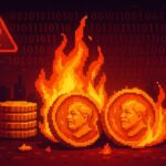 "Digital coins burning in flames symbolizing crypto scam losses and digital yuan fraud warnings by China's central bank
