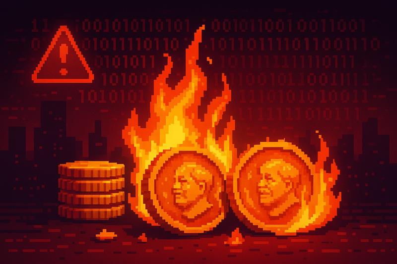 "Digital coins burning in flames symbolizing crypto scam losses and digital yuan fraud warnings by China's central bank