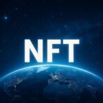 NFT glowing text above Earth, symbolizing global reach amid declining market sales and shifting project rankings
