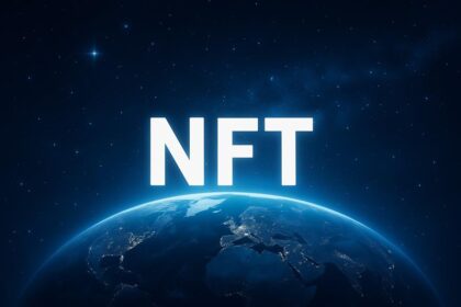 NFT glowing text above Earth, symbolizing global reach amid declining market sales and shifting project rankings