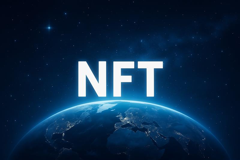 NFT glowing text above Earth, symbolizing global reach amid declining market sales and shifting project rankings