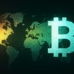 Digital Bitcoin symbol glowing over global map, representing worldwide crypto adoption and market influence