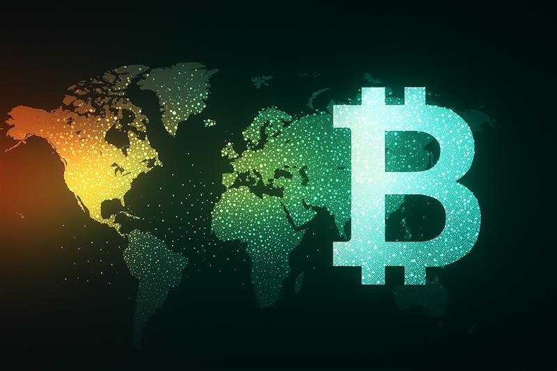 Digital Bitcoin symbol glowing over global map, representing worldwide crypto adoption and market influence