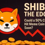 Visual of a Shiba Inu dog against a red-tinted crypto chart, representing looming volatility and a potential 50% crash in SHIB prices.