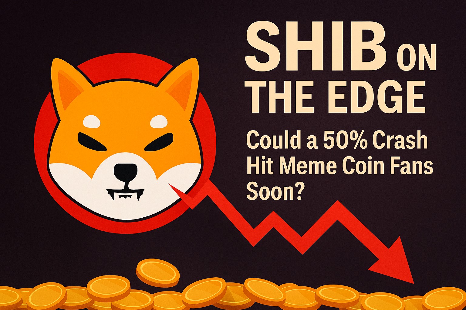 Visual of a Shiba Inu dog against a red-tinted crypto chart, representing looming volatility and a potential 50% crash in SHIB prices.