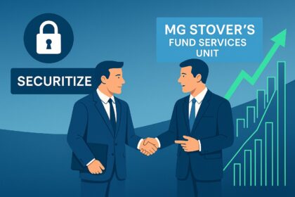 Securitize and MG Stover logos merging over a digital finance network, symbolizing the creation of the world’s largest digital asset fund administrator.