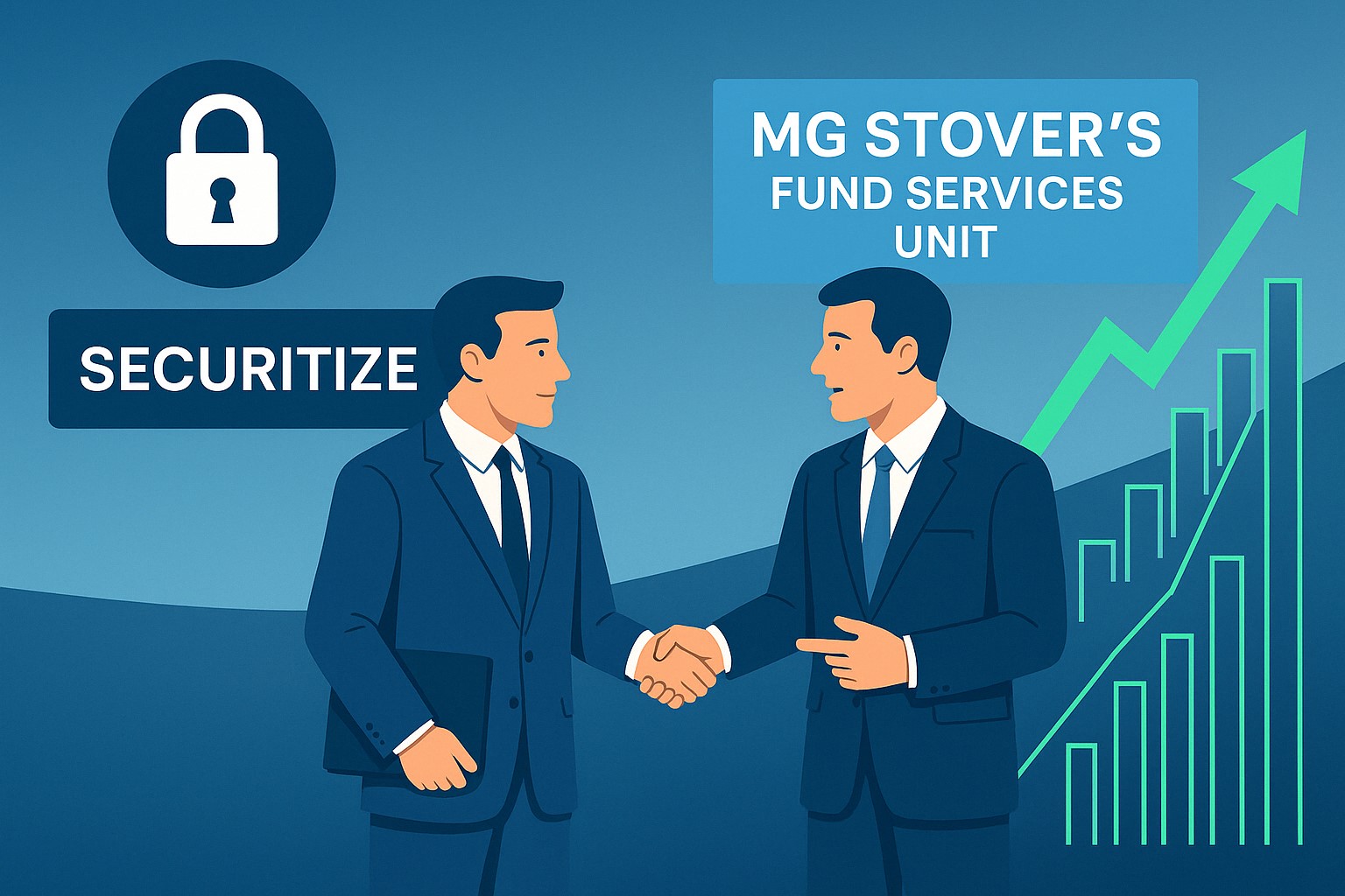 Securitize and MG Stover logos merging over a digital finance network, symbolizing the creation of the world’s largest digital asset fund administrator.