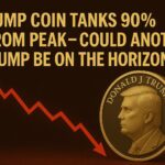 A distressed Trump-themed coin plunging on a red crypto chart, symbolizing its 90% crash and growing fears of another dump.