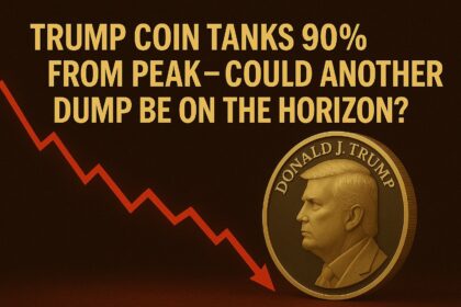 A distressed Trump-themed coin plunging on a red crypto chart, symbolizing its 90% crash and growing fears of another dump.