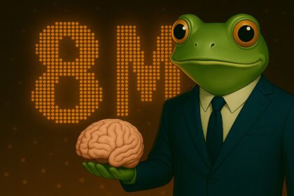 Animated Pepe character fused with AI circuit visuals and gold coins, symbolizing MIND of Pepe’s blend of meme culture, AI, and crypto profit potential.