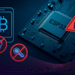 A close-up digital illustration of an ESP32 microcontroller on a circuit board, overlaid with red warning icons, a Bitcoin wallet symbol, and security breach visuals, representing the critical vulnerability affecting crypto wallets and IoT devices.
