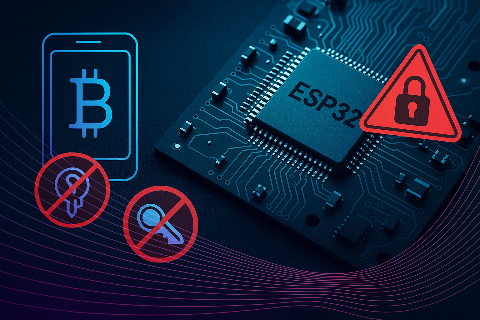 A close-up digital illustration of an ESP32 microcontroller on a circuit board, overlaid with red warning icons, a Bitcoin wallet symbol, and security breach visuals, representing the critical vulnerability affecting crypto wallets and IoT devices.