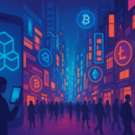A futuristic city street illuminated with neon signs displaying cryptocurrency symbols, where people interact with blockchain interfaces through smartphones in a glowing, tech-driven urban environment.