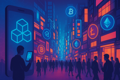 A futuristic city street illuminated with neon signs displaying cryptocurrency symbols, where people interact with blockchain interfaces through smartphones in a glowing, tech-driven urban environment.