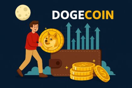 Voxies and Broccoli tokens soaring on green candlestick charts, while Dogecoin slumps on a red chart line—illustrating diverging performance in the crypto market.