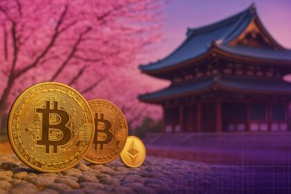 South Korean flag overlaying crypto coins and a rising market chart, with a silhouette of Donald Trump in the background—symbolizing rising holdings amid a post-election rally.