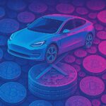 Tesla logo with a Bitcoin coin fading from gold to red, overlaid on a financial chart showing peak and decline—illustrating Tesla’s volatile crypto investment story.