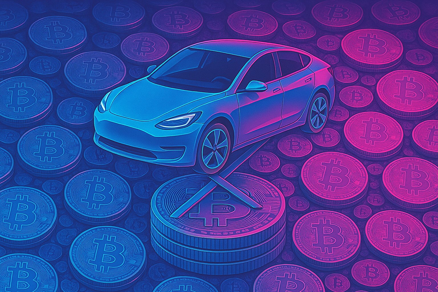Tesla logo with a Bitcoin coin fading from gold to red, overlaid on a financial chart showing peak and decline—illustrating Tesla’s volatile crypto investment story.