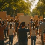 Crypto mining rigs with "Shutdown" signs in a small Arkansas town setting, highlighting local concerns over noise pollution and environmental impact.