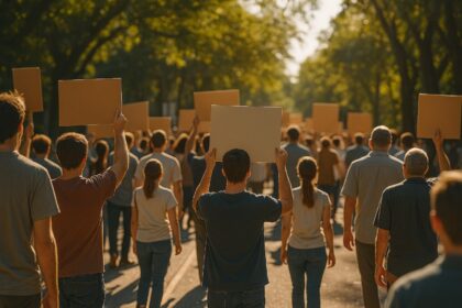 Crypto mining rigs with "Shutdown" signs in a small Arkansas town setting, highlighting local concerns over noise pollution and environmental impact.