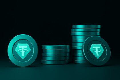Tether logo set against a dark, stormy digital landscape, symbolizing its strategy to diversify beyond USDT and prepare for extreme global financial scenarios.