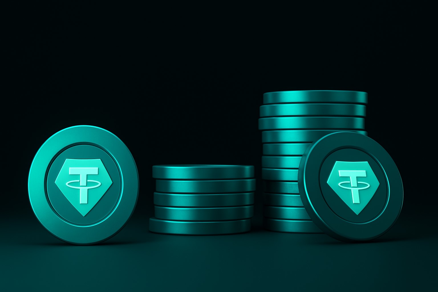 Tether logo set against a dark, stormy digital landscape, symbolizing its strategy to diversify beyond USDT and prepare for extreme global financial scenarios.